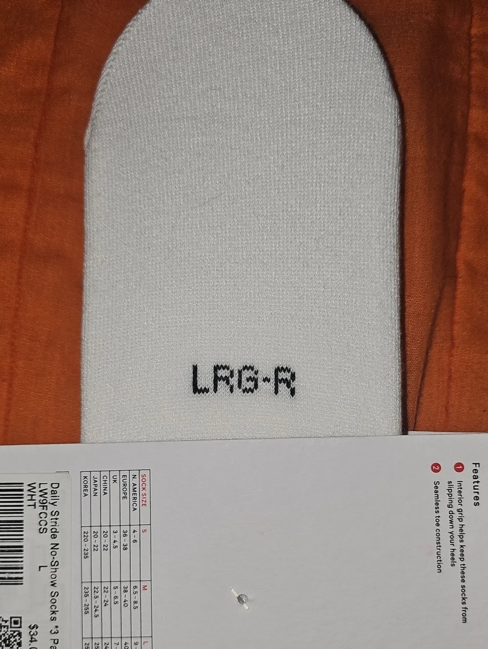 Lululemon Daily Essentials Daily Stride No Show Socks!! Sz Large, White & Black!